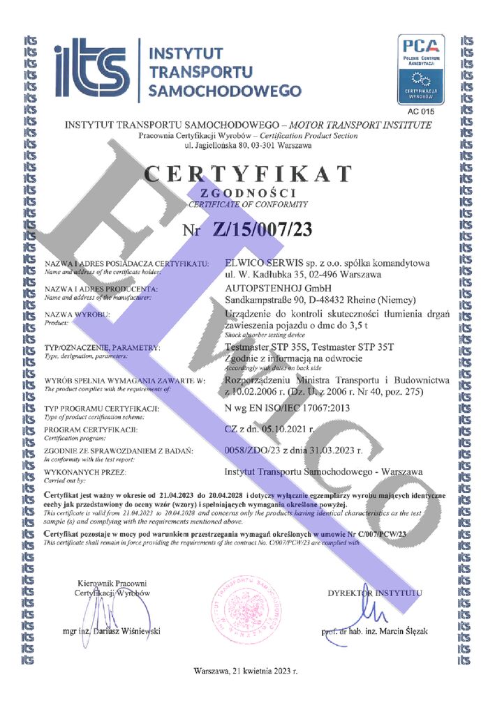 Z15 007 23 z logo ELWICO pdf - Urządzenie do kontroli amortyzatorów